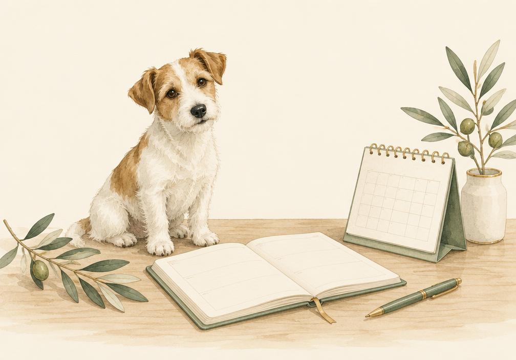 Cão ao lado de um planner aberto e calendário