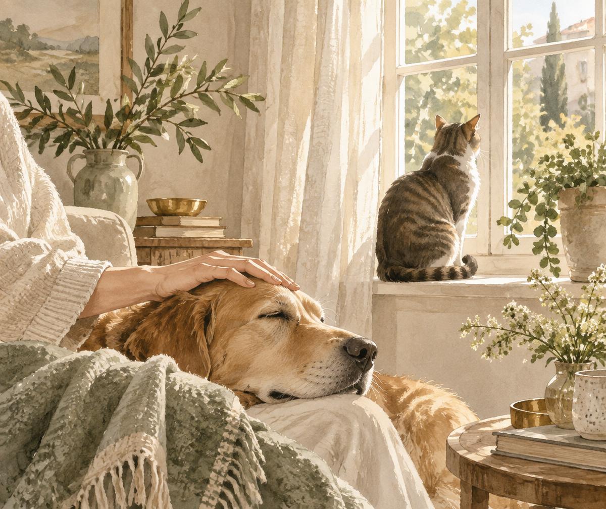 Tutor acariciando seu cão enquanto o gato observa a janela