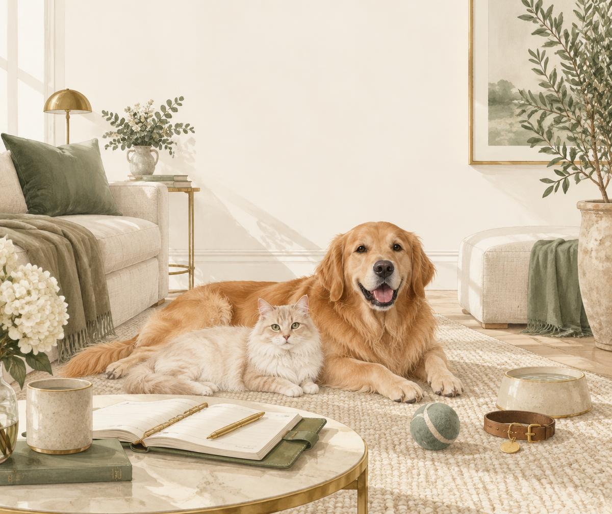 Cachorro e gato descansando em uma sala clara com planner aberto